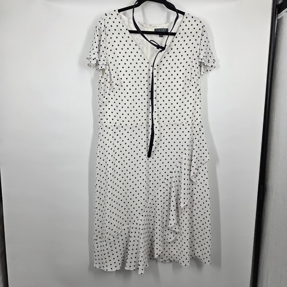 Lauren Ralph Lauren Black White Polka Dot Faux Wrap Dress SZ 18 Ruffle Midi Work